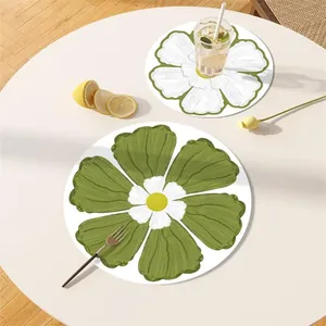 Premium grün-weiße florale wasserdichte Leder-Platzsets für den Esstisch hitzebeständig