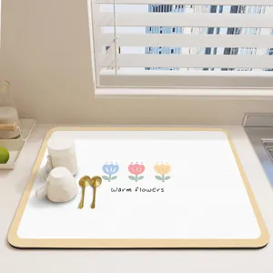 Alfombrilla de Drenaje de Platos Super Absorbente para Mostrador de Cocina Cuero PU Secado Rápido Antideslizante Estampado Floral Sol