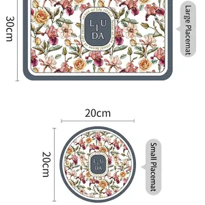 Ensemble de sets de table vintage en cuir imperméable fleuri avec tapis rectangulaire et rond