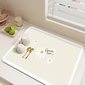 Alfombrilla de secado de cocina de cuero absorbente con margaritas y texto Good Luck