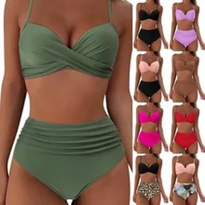 Ensemble bikini taille haute multicolore avec haut à armatures croisé en plusieurs coloris