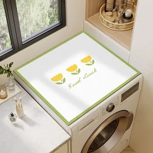 Wasserdichte Leder-Waschmaschinenmatte mit gelben Tulpen und Good Luck Schriftzug