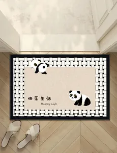 Close-up detail of Belgian velvet door mat featuring a cute panda and Happy Life print