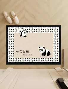 Detail view of Belgian velvet door mat with panda and 'Happy Life' print