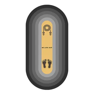 Detail of oval jump rope mat with footprint guide and WE LOVE SKIP slogan