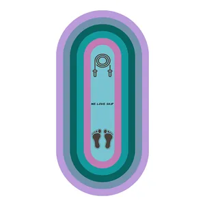 Detail of oval jump rope mat with colorful concentric rings and footprint icons