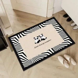 Modern entryway rug featuring cute panda illustration and black white striped border