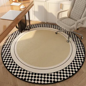 Retro round Chenille rug with black and white checkerboard border for living room decor