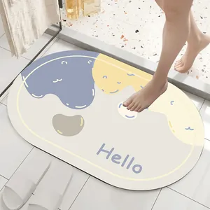 Absorbent soft diatom mud bath mat with 'Hello' print being used in an indoor bathroom.