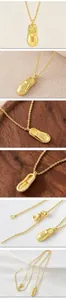 Detailed views of gold-plated sneaker pendant with zircon pavé and adjustable chain clasp.