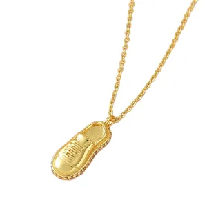 Gold-plated sneaker shoe pendant necklace with shiny cubic zirconia for men jewelry