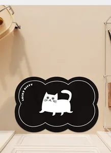 Alfombra de baño negra moderna en forma de nube con ilustración de gato blanco de la suerte