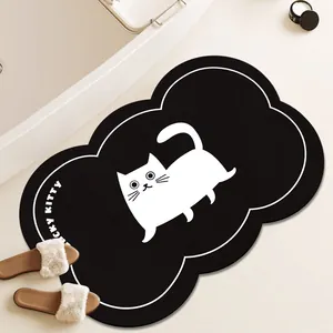 Alfombra de baño negra absorbente en forma de nube con lindo gato blanco y Lucky Kitty