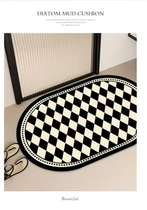Tappeto da bagno ovale in terra di diatomee a scacchi bianchi e neri, stile moderno.
