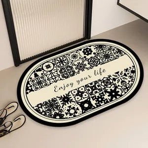 Tappetino bagno ovale moderno con motivi geometrici e testo 'Enjoy your life' per bagno.