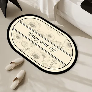 Elegante tappeto da bagno ovale assorbente con motivi floreali e 'Enjoy your life'