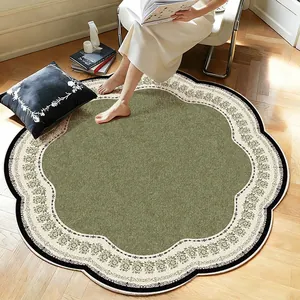 Vintage green floral round area rug for living room French retro style decorative mat