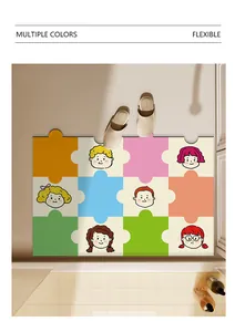 Detailed view of cartoon puzzle bath mat with absorbent diatom mud material