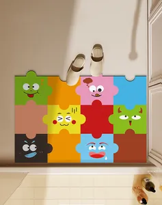 Colorful puzzle pattern bath mat with cute cartoon faces made of absorbent diatom mud