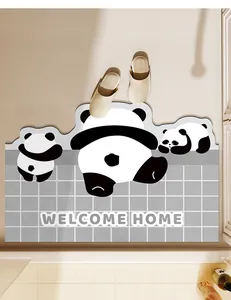 Tappeto da bagno con panda, scritta Welcome Home e motivo a griglia grigia moderno.