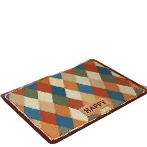 American style vintage argyle patterned linen-look bathroom mat with 'HAPPY' patch