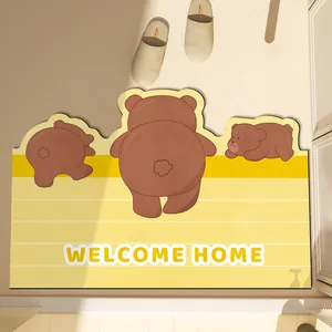 Tappetino da bagno con orso bruno cartone animato e scritta Welcome Home su fondo giallo