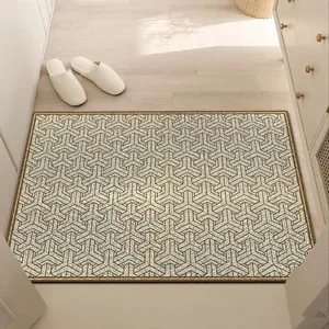 Detailed view of geometric pattern entryway doormat with non-slip silk loop texture