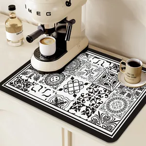 Absorbent PVC Kitchen Draining Mat Anti-slip Quick-dry Printed Geometric Pattern Coffee Machine Place Mat For Home Decor