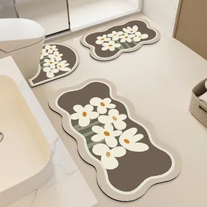 Modern Abstract Floral Absorbent Bath Mat And Toilet Rug Set Quick Dry Non-slip Diatom Mud Look Natural Rubber Bathroom Floor Mat For Washbasin Shower Area