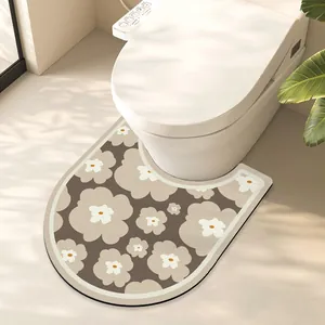 U-shaped diatom mud toilet mat with brown floral pattern for stylish bathroom decor
