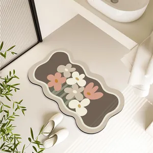 Irregular wavy floral bath mat, absorbent diatomaceous earth anti-slip rug for bathroom