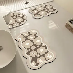 3Pcs floral diatom mud bathroom mat set with U-shape toilet rug and absorbent mats