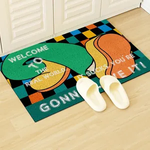Colorful Welcome To The Real World doormat with non-slip backing for indoor entrance use