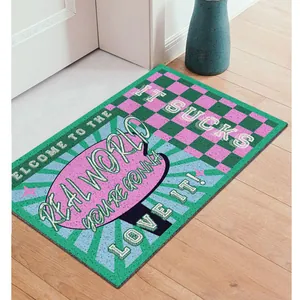 American retro checkered silk loop doormat with funny 'Real World' quote for home entryway