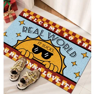 Anti-slip American style entryway doormat with 'Real World' quote and sun graphic