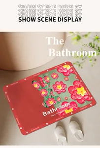 Détail montrant un tapis de bain rouge avec un motif de lapin floral en situation