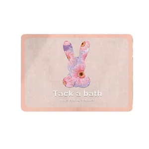 Tapis de bain absorbant en terre de diatomée avec motif lapin fleuri rose et texte