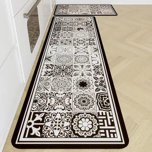 Diatom Mud Kitchen Floor Mat Non-Slip Super Absorbent Oil-Proof Natural Rubber Backing Geometric Retro Tile Print Mat Rug