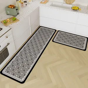 Anti-slip absorbent kitchen floor mat set with black and white geometric pattern