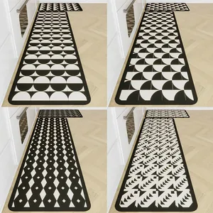 Absorbent non-slip diatom mud kitchen mat set with black and white geometric patterns