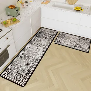 Black and white floral tile pattern kitchen floor mat set with diatom mud material