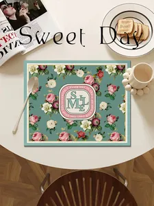 Detailed view of elegant floral leather placemat with Smile emblem on white table