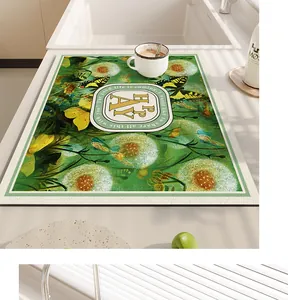 Detailed view of the absorbent PVC leather kitchen draining mat with floral butterfly design