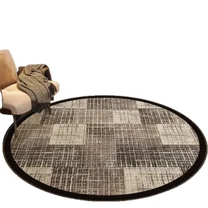 Modern cream style round circle pile rug with brown checkered grid pattern for living room