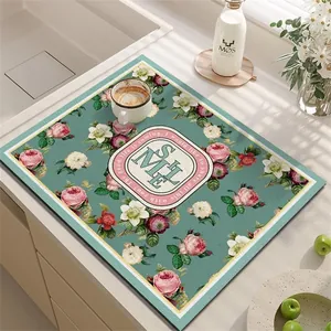 Vintage floral PVC leather absorbent kitchen drying mat for coffee machine countertop protection