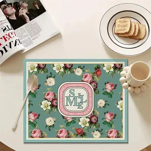 Elegant vintage floral leather placemat with SMILE emblem on a breakfast table