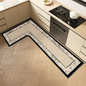 L-shaped kitchen floor mat with linen texture and floral border in a modern home