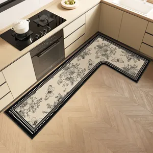 L-shaped kitchen floor mat featuring vintage floral and butterfly patterns on linen.