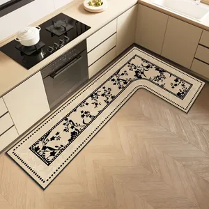 L-shaped linen kitchen mat with elegant floral pattern in a modern kitchen scene.