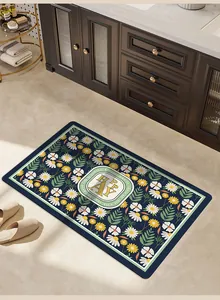 Detailed view of luxury floral absorbent bathroom mat with 'HAPPY' design in situ